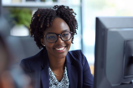 Happy smiling African American business woman in suit and glasses looking at monitor screen camera having online webinar or video call or conference with colleague sitting in office. Concept of internet communication.の素材