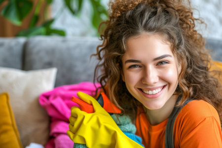 Portrait of a young happy smiling woman housewife wearing rubber gloves with cleaning tools and rags, standing in the living room and looking cheerful at camera. Housework or chores at home.の素材
