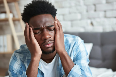 Young African American man with morning headacheの素材