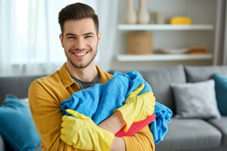 Portrait of a young happy smiling man wearing rubber gloves with cleaning tools and rags, standing in the living room and looking cheerful at camera.の素材