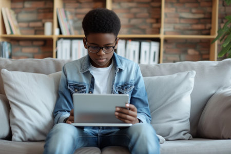 Young ethnic African American boy teenager uses laptop to chat with friends and use social networks on Internet sits on sofa with portable computer on lap. Digital addictionの素材