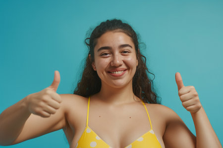 Smiling fat woman wearing yellow swimsuit showing thumb up sign isolated on a blue studio background. Traveling, body positive concept.の素材
