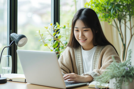 Smiling Japanese Girl studying with laptop computer. Teenage girl sitting at her desk and writing in notebook. Student doing her homework or learning online.の素材