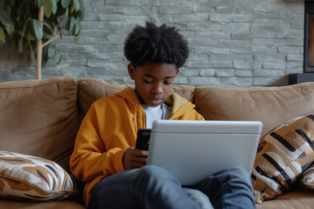 Young ethnic African American boy teenager uses laptop to chat with friends and use social networks on Internet sits on sofa with portable computer on lap. Digital addictionの素材
