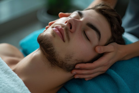 Close up masseur hands making face relaxing massage to a young man lying with closed eyes in beauty salon or cosmetology cabinet. Professional cosmetologist making massage for man in spaの素材