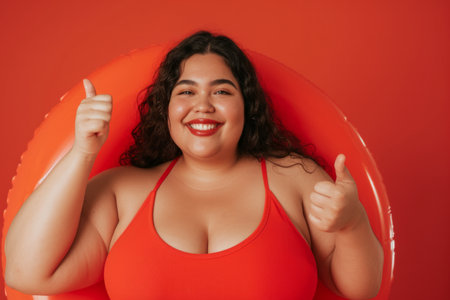 Portrait of happy smiling fat Latin woman in beach rubber ring wearing red swimsuit showing thumb up sign isolated on a red studio background. Travel, vacation and summer journey conceptの素材