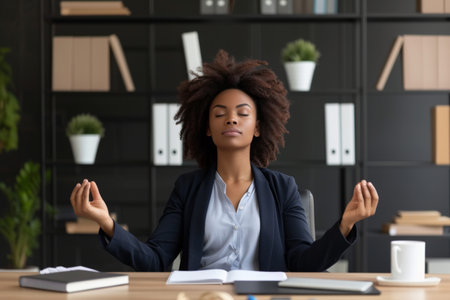 Business woman, corporate company worker, secretary or financial accountant doing stress relieving practices at work. Beautiful relaxed African American girl sitting at office desk and meditatingの素材