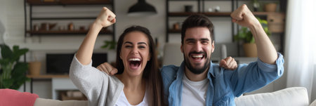 Excited Indian couple celebrating success while sitting on sofa at home. Overjoyed happy young man and woman in casual wear raising clenched fists in excitement doing winner gestureの素材