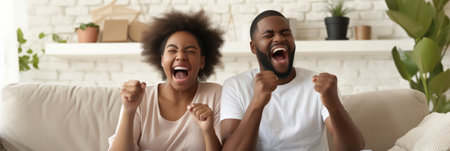 Excited African American couple celebrating success while sitting on sofa at home. Overjoyed happy young man and woman in casual wear raising clenched fists in excitement doing winner gestureの素材