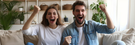 Excited African American couple celebrating success while sitting on sofa at home. Overjoyed happy young man and woman in casual wear raising clenched fists in excitement doing winner gestureの素材