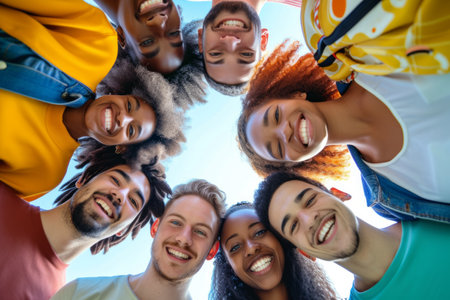diverse group of happy friends standing together in a circle, radiating happiness. United by a shared love for sport, smiles reflect joy that defines their close knit friendship.の素材