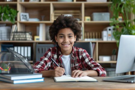 Smiling Latin Boy studying with laptop computer. Teenage boy sitting at his desk and writing in notebook. Student doing his homework or learning online.の素材