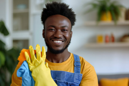 Portrait of a young happy smiling African American man wearing rubber gloves with cleaning tools and rags, standing in the living room and looking cheerful at cameraの素材