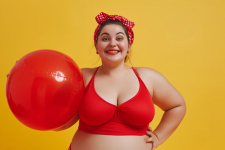 Funny young happy fat woman in red swimsuit having fun holding inflatable ball and going on summer holiday trip standing on yellow studio background. Vacation tour and travel concept.の素材