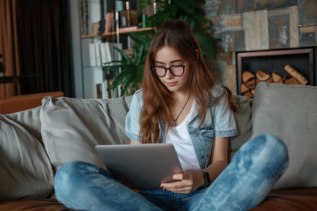 Young ethnic Latin girl teenager uses laptop and phone at the same time to chat with friends and use social networks on Internet sits on sofa with portable computer on lap. Digital addictionの素材