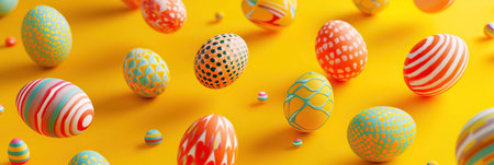 Colorful, patterned eggs float against a yellow backdrop, symbolizing the Easter celebration with art and tradition. Vibrant, festive, and perfect for the spring season. Easter concept. Banner.の素材
