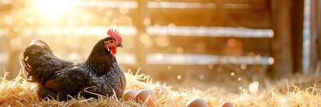 A black hen sits on eggs amidst hay with sunlight streaming through the barn. Banner.の素材