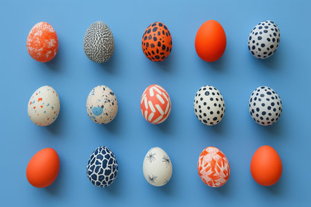 Easter eggs arranged in a random order on blue background with copy space, each egg featuring its own unique pattern and colorの素材