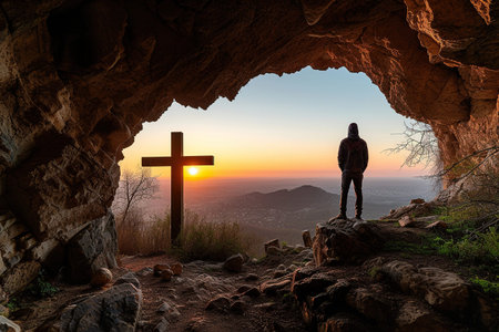 Figure standing in cave entrance, overlooking a cross at sunrise, representing hope, spirituality, resurrection, Easter, and contemplative peace amidst natural beauty.の素材