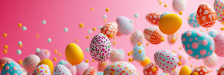Colorful, patterned eggs float against a pink backdrop, symbolizing the Easter celebration with art and tradition. Vibrant, festive, and perfect for the spring season. Easter concept. Banner.の素材