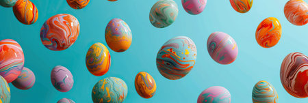 Colorful, patterned eggs float against a blue backdrop, symbolizing the Easter celebration with art and tradition. Vibrant, festive, and perfect for the spring season. Easter concept. Banner.の素材