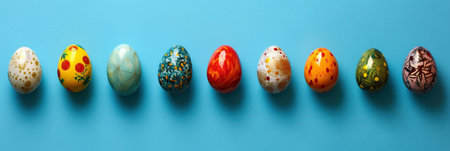 Easter eggs arranged in a random order on blue background with copy space, each egg featuring its own unique pattern and colorの素材