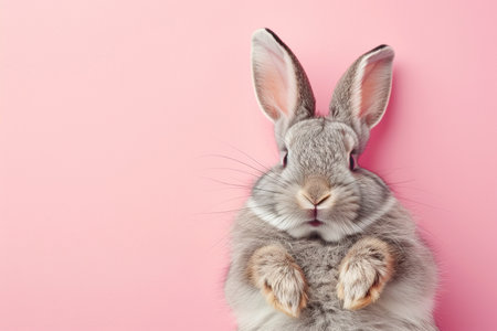 Cute gray rabbit lying on back on pink background, fluffy ears, playful posture, animal antics, bunny paws up, adorable pet, whiskers detail, comical position, close-up shot, space for text.の素材