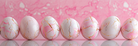 Elegant pink and white marbled eggs with golden cracks displayed on a bright surface, showing artistic Easter decoration or luxury design elements.の素材