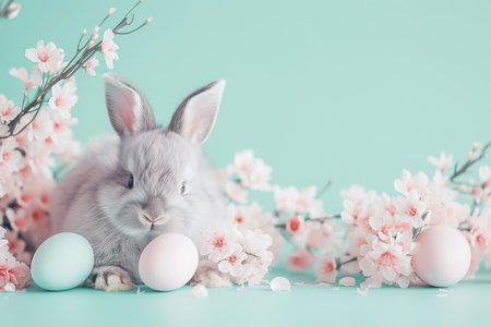 Whimsical Easter setting with a cute fluffy bunny in pastel tones with Easter eggs and spring flowers on bright background. Copy spaceの素材