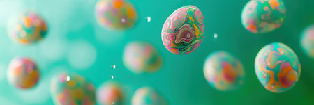 Colorful, patterned eggs float against a green backdrop, symbolizing the Easter celebration with art and tradition. Vibrant, festive, and perfect for the spring season. Easter concept. Bannerの素材