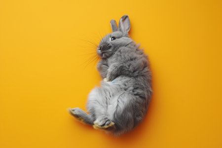 Cute gray rabbit lying on back on orange background, fluffy ears, playful posture, animal antics, bunny paws up, adorable pet, whiskers detail, comical position, close-up shot, space for text.の素材