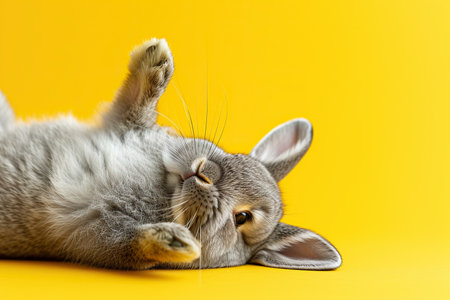 Cute gray rabbit lying on back on yellow background, fluffy ears, playful posture, animal antics, bunny paws up, adorable pet, whiskers detail, comical position, close-up shot, space for text.の素材