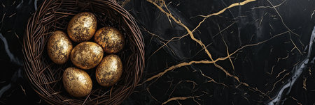 Golden speckled eggs nestled in a dark wicker basket on a black marbled background with luxurious gold streaks, symbolizing wealth and prosperity. Easter concept. Banner.の素材