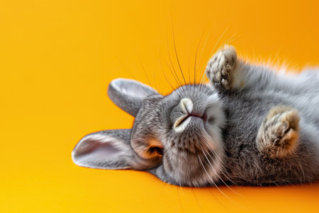 Cute gray rabbit lying on back on orange background, fluffy ears, playful posture, animal antics, bunny paws up, adorable pet, whiskers detail, comical position, close-up shot, space for text.の素材