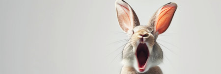 Joyful rabbit with long ears raised high and wide open mouth, appearing to cheer or laugh against a light background, expressing humor, delight, or excitement. Easter concept. Banner with copy space.の素材