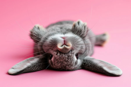 Cute gray rabbit lying on back on pink background, fluffy ears, playful posture, animal antics, bunny paws up, adorable pet, whiskers detail, comical position, close-up shot, space for text.の素材