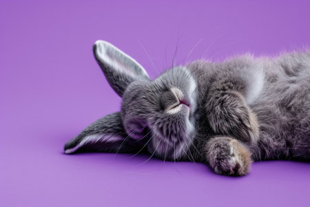 Cute gray rabbit lying on back on purple background, fluffy ears, playful posture, animal antics, bunny paws up, adorable pet, whiskers detail, comical position, close-up shot, space for text.の素材