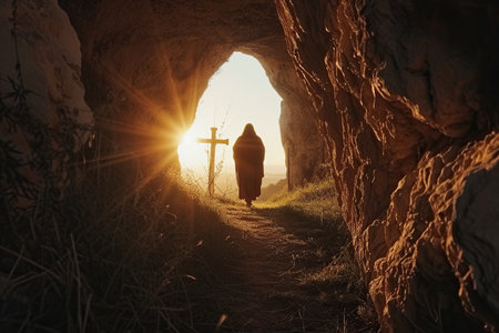 Silhouette of a person standing in a cave entryway, with a sunlit cross visible outside, evoking feelings of hope, spirituality, and peaceful contemplation.の素材