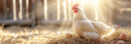 A white hen sits on eggs amidst hay with sunlight streaming through the barn. Banner.の素材