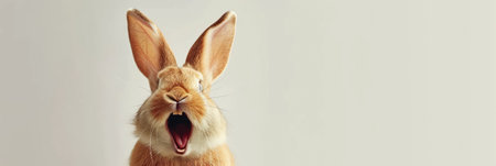 Joyful rabbit with long ears raised high and wide open mouth, appearing to cheer or laugh against a light background, expressing humor, delight, or excitement. Easter concept. Banner with copy space.の素材