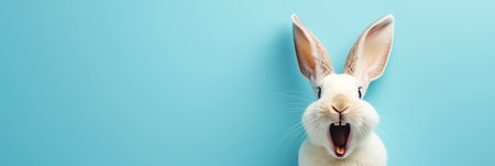 Joyful rabbit with long ears raised high and wide open mouth, appearing to cheer or laugh against a light background, expressing humor, delight, or excitement. Easter concept. Banner with copy space.の素材