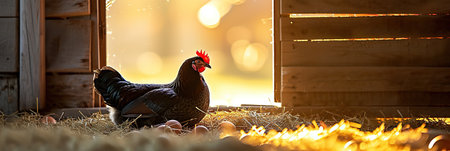 A black hen sits on eggs amidst hay with sunlight streaming through the barn. Banner.の素材