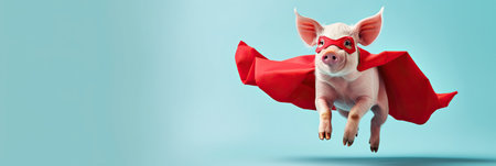 Superhero pig, Cute pink pig with a red cloak and mask jumping and flying on light blue background with copy space. The concept of a superhero, funny pet, leader, funny animal studio shotの素材