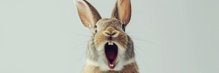Joyful rabbit with long ears raised high and wide open mouth, appearing to cheer or laugh against a light background, expressing humor, delight, or excitement. Easter concept. Banner with copy space.の素材