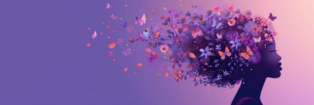 Female silhouette with an abundant floral hairstyle on a gradient purple background, accompanied by butterflies and floating petals. Concept of International Women's Day. Bannerの素材