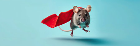 Superhero mouse, Cute gray mouse with a red cloak jumping and flying on light blue background with copy space. The concept of a superhero, funny pet, leader, funny animal studio shotの素材