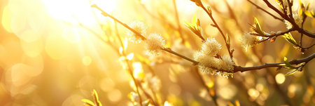 Branch with blooming willows illuminated by soft sunlight against a defocused natural background, symbolizing springtime and new growth. Easter concept. Banner with copy space.の素材