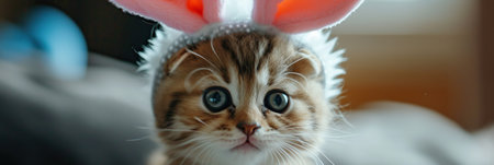 Cat wearing bunny ears, looking at camera, adorable, close-up, indoors, house pet, Easter, playful, large eyes, domestic, felineの素材
