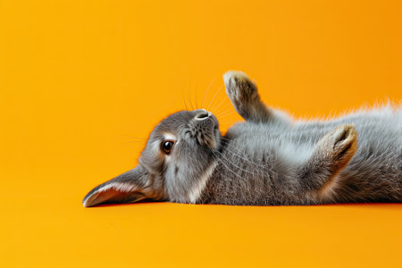 Cute gray rabbit lying on back on orange background, fluffy ears, playful posture, animal antics, bunny paws up, adorable pet, whiskers detail, comical position, close-up shot, space for text.の素材