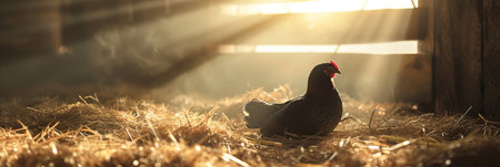 A black hen sits on eggs amidst hay with sunlight streaming through the barn. Banner.の素材